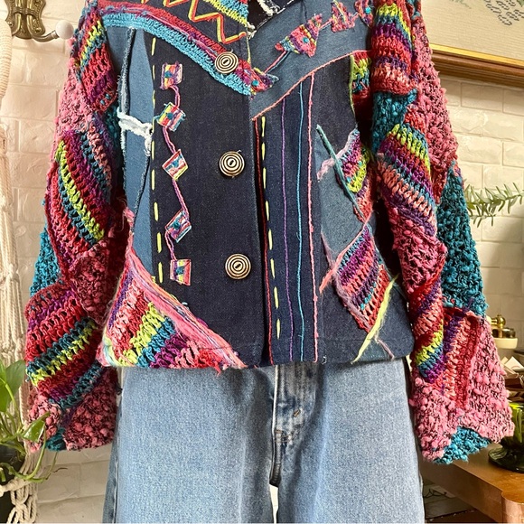 Vintage Sandy Starkman Crochet Sequin Patchwork Denim Jean Jacket - Picture 6 of 16